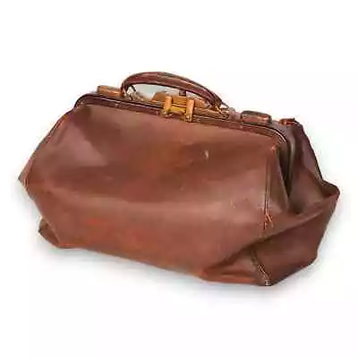 Brown Leather Doctor's Medical Travel Bag 15  Antique Circa 1900 • $145.20