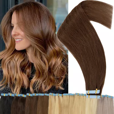 £23.28 • Buy Brown Tape In Real Human Remy Hair Extensions Thick FULL HEAD Skin Weft Ombre UK