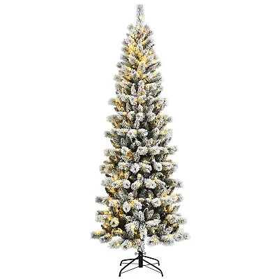 Costway 8FT Pre-Lit Hinged Christmas Tree Snow Flocked W/ 9 Modes Lights • $139.99
