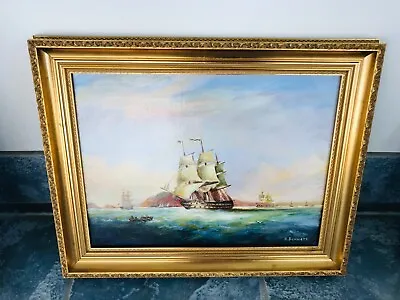Galleon Ship Nautical Oil Painting In Gold Frame By H.bennett • £125