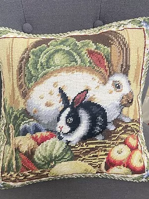 VTG Petit Needlepoint Rabbit Pillow Cover Bunny Velvet Farmhouse Country Cottage • $44