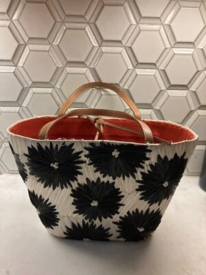 $49 • Buy Vtg Kate Spade New York Cabo Vacation Straw Raffia Floral Tote Bag Black White