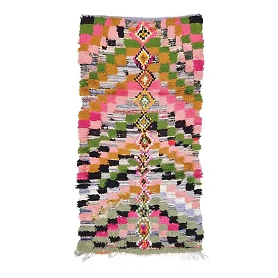 Moroccan Handmade Vintage Rug 3 X 6 Berber Checkered Pink & Green Cotton Rug • $238.20