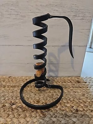 Vintage Primitive Wrought Iron Spiral Courting Candle Holder With Wood Adjuster • $15