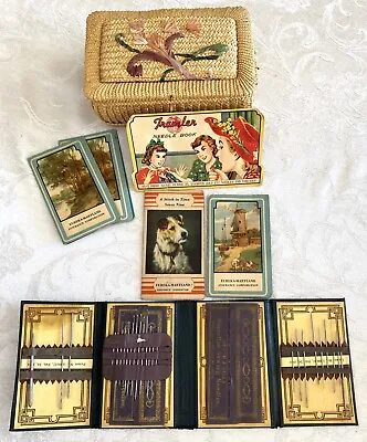 Vintage Sewing Basket Organizer Box Kit With 6 Advertising Needle Packages • $20