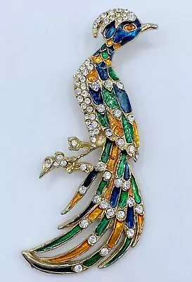 B1-435 Vintage Gold Tone Brooch Pin 3.25  Animal Bird Peacock Crystal Enamel • $2.99