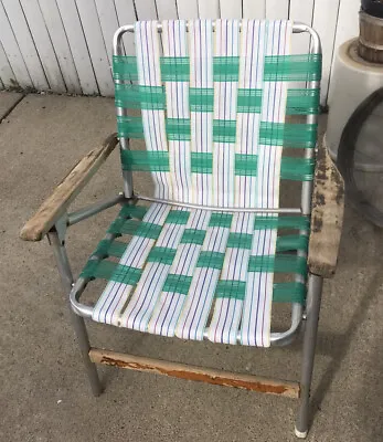 Vintage Telescope Co. Folding Lawn Chairs Wood Arms Green White Webbing • $81