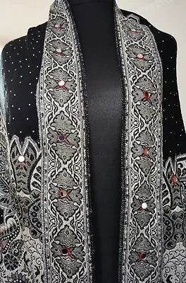 New Paisley Black Scarf With Mirror Work Silver Embroidery Wrap Shawl Pashmina • £5