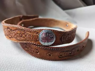 Vintage WESTERN Buckle Belt 34 Hand Tooled CONCHO Handcrafted COWBOY Leather • $59.95