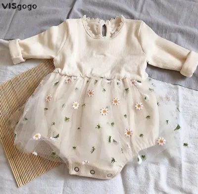 Baby Girl Long Sleeve Dress Baby Romper Girls Floral Tulle Dress 3-6 Months • £13.99