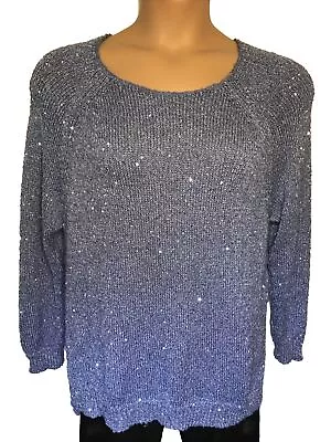 Chicos Party Sweater Light Blue Knit Sequins Tunic Lngth Chicos Size 3 = Size 16 • $15.99