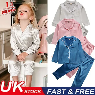 Baby Boy Girl Silk Satin Pyjamas PJS Set Kids Long Sleeve Sleepwear Nightwear • £12.99