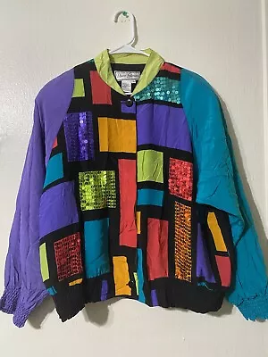 Diane Gilman Womens 100% Silk Artsy Bomber Jacket Sequins Colorblock VTG 1X • $35