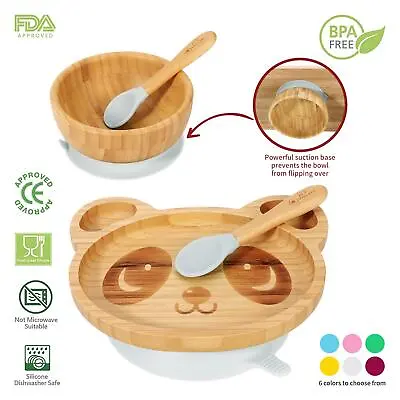 Bamboo Panda Plate Bowl & Spoon Set Suction Feeding Set Stay-Put Design Weaning • £13.95