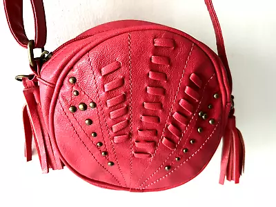 Mossimo Supply Co Small Hot Pink Canteen Purse Boho Studs Fringe Round Crossbody • $9.99