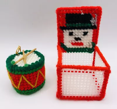 Vintage Handmade Plastic Canvas Christmas Drum Ornament & Snowman Holder 1993 • $8.50