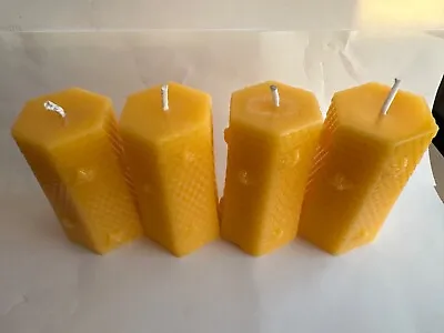 4x 100% Pure Organic Beeswax Pillar Candles Homemade Honeycomb Pattern With Bees • £12.93