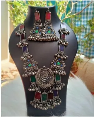 Vintage Indian Traditional Ethnic Silver Oxidized Afghani Long Indian Necklace • $18.47