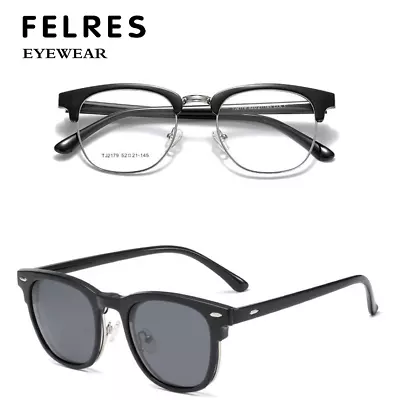 Men Women Classic Square Eyeglasses Frames Magnetic Clip On Polarized Sunglasses • $25.97