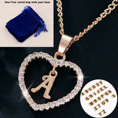 £3.79 • Buy Rose Gold Love Heart Initial Letter Alphabet Charm Pendant Necklace + Gift Bag