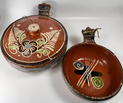 Vtg Mexican Nesting Red Clay Art Pottery Bowls Lid Handles Terra Cotta Lot Of 2 • $33.65