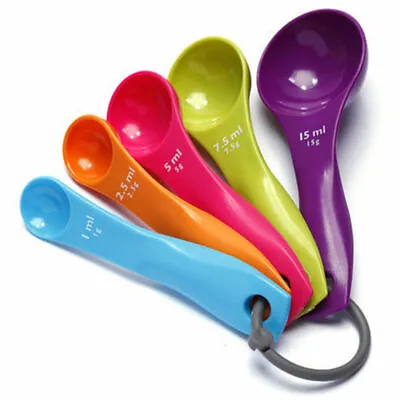  Multi-Color Measuring Cups And Spoons 5 Piece Set Plastic Cooking Kitchen Tools • £1.19