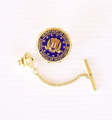 VINTAGE FBI DEPARTMENT OF JUSTICE USA LAPEL PIN W CHAIN TIE BAR HAT BADGE BROOCH • $23.80