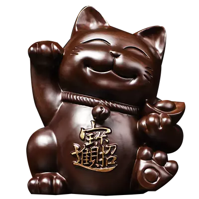 Ebony Wood Carved Maneki Neko Statue Lucky Cat Feng Shui Decor • $75.06