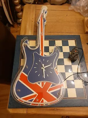 RARE Gadget Shop Vintage Large 74cm Union Jack Guitar Neon Wall Clock WORKING • £69.99