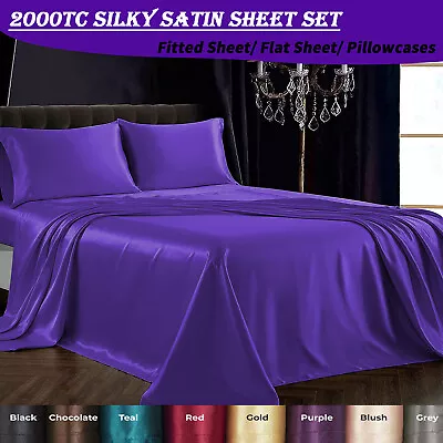 2000TC 4Pcs Silk Satin Bed Flat Fitted Sheet Set Pillowcase Double Queen King • $9.97