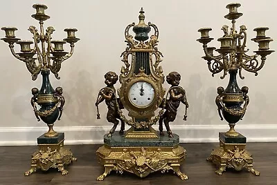 3-Piece Italian Brevettato Brass & Marble Clock & Candelabra Garniture Set • $10000