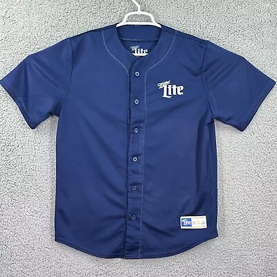 Miller Lite #75 Miller Time Baseball Jersey Mens M Beer Drinking Shirt Navy Blue • $24.99