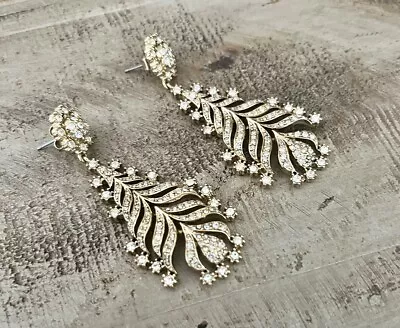 J Crew Signed Clear Crystal Pave Leaf Feather Drop Statement Gold Earrings NEW • $33.14
