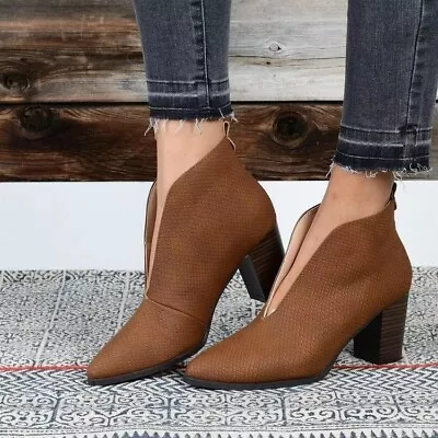 Women V Chelsea Boots Block Heel Cut Cowboy Western Ankle Boots Pointed Toe Shoe • £33.48