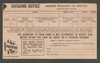 Vintage Dividend Notice Postcard 1956 Modern Woodmen Of America • $7.99
