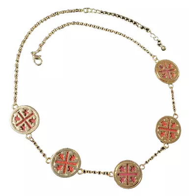 Vintage Gold Tone Round Disc Cross Red Accent Center Chain Collar Necklace 21 In • $12