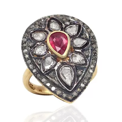 925 Sterling Silver 18k Gold Plated Natural Diamond Ruby Polki Cocktail Ring • $99.20