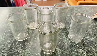 6 Vintage Jelly Jar Juice Glasses 3-4  Tall Diamond Pattern Band Around Bottom • $20