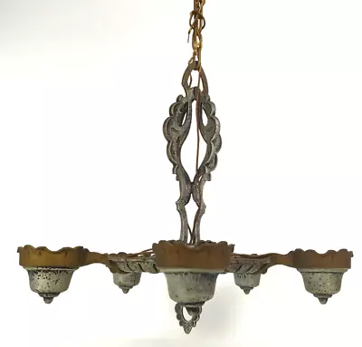 Antique Art Deco Polychrome Chandelier 5 Light Candelabra Steampunk Cloth Wiring • $139.99