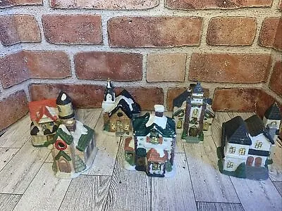 6pc Miniature Ceramic Christmas Village Great For Train Set Ups As Well 3.5-4.5” • $31.99