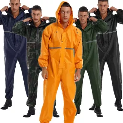 Mens Waterproof Jumpsuit Reflective Strip Rainsuit Long Sleeve Hooded Raincoat • $35.33