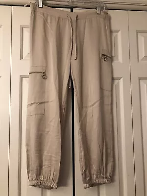 Maggie Ward XS Silk Card Pants Champagne Beige Draw String Zipper Pockets EUC • $30