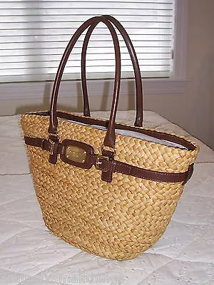 NWT Michael Kors HAMILTON Straw Lg Tote Bag Corn Husk Natural Straw / Mocha Lthr • $328