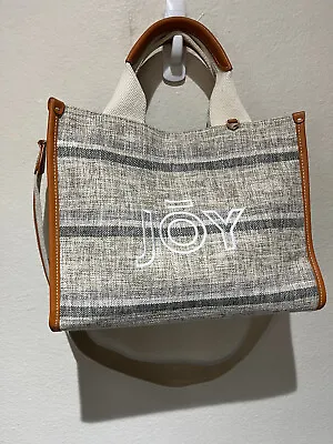 JOY GRYSON Carib Tote Bag W/ Strap - Green Gray Linen Blend W/ Tan Leather Trim • $139