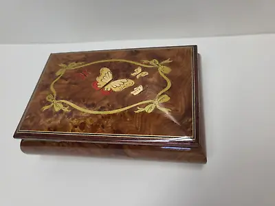 Horchow Italy Burl Wood Jewelry Music Box Inlaid Butterfly Ribbon Moon River EUC • $59.99