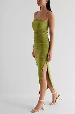 Body Contour Mesh Ruched Side Slit Midi Dress • $65