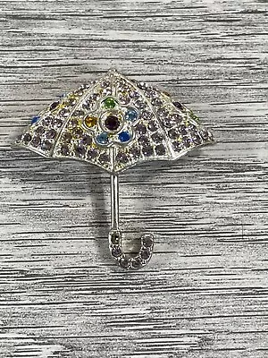 Vintage Monet Umbrella Shape Brooch Pin Silver Color W/ Rhinestones 1 1/3  Size • $13.99