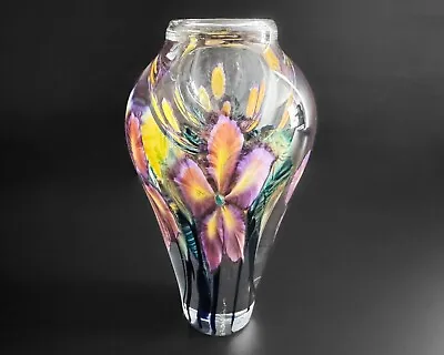 David Lotton 7.75  Signed Yellow Purple Flower Art Glass Reflection Vase 2003 • $1500