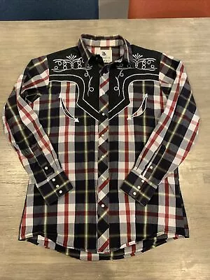 Rangers Western Shirt Mens Rodeo Plaid Black Red Embroidered Button Down Size S • $29.95