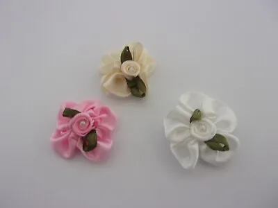 6 Satin Ribbon Flowers With Little Roses In Middle Applique Choice Of Colour • £2.69